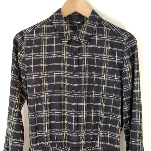 Theory Asymmetrical Plaid Drape Shirtdress Petite - Picture 3 of 6